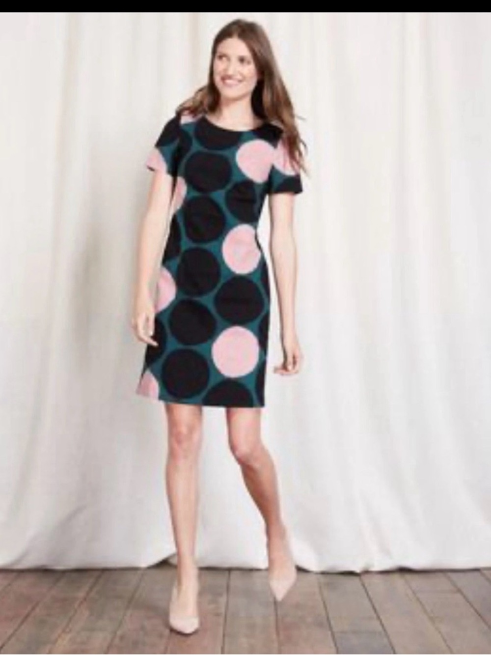 BODEN GREEN BLACK PINK Spot COTTON SHIFT DRESS Short Sleeve SIZE 10R POCKETS